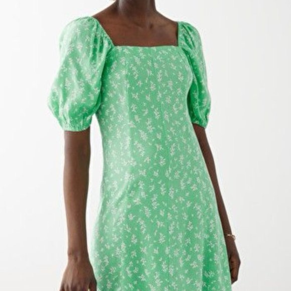 & Other Stories Sz 2 Green Floral Cottagecore Puff Sleeves Mini Dress